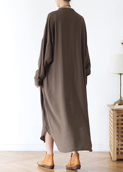 Organic V Neck Elastic Waist Cotton Long Shirts Neckline Chocolate Long Dress