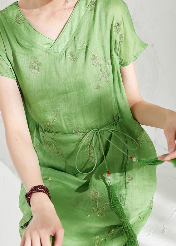 Organic V Neck Embroidery Linen Summer Robes Work Green Dresses
