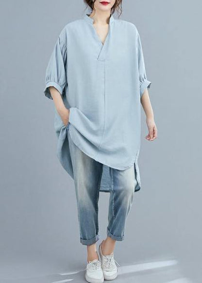 Organic V Neck Lantern Sleeve Summer Blouses for Sleeve Light Blue Shirt
