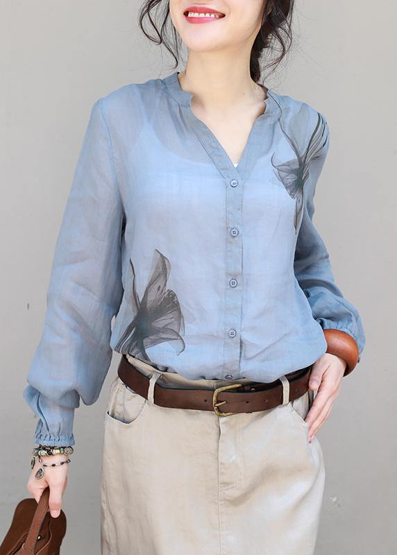 Organic V Neck Linen Tops Blouses Sleeve Blue Print Top
