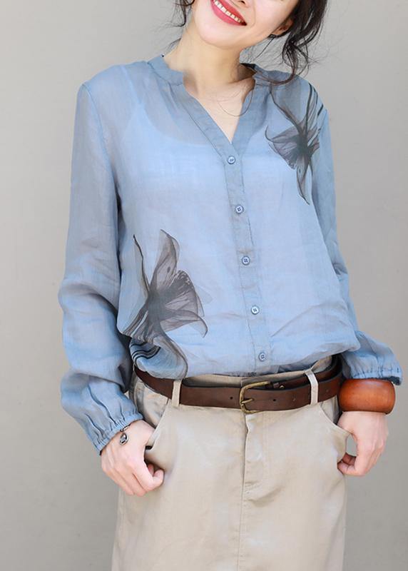Organic v neck linen tops women blouses Sleeve blue print top
