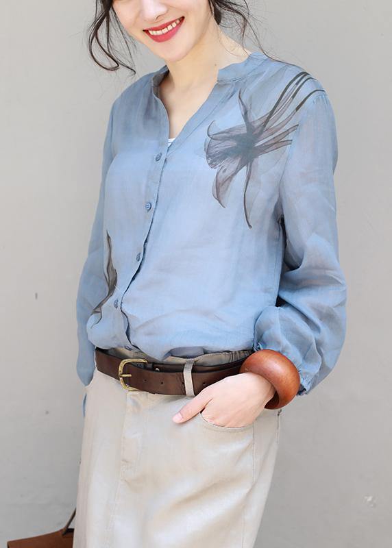 Organic V Neck Linen Tops Blouses Sleeve Blue Print Top