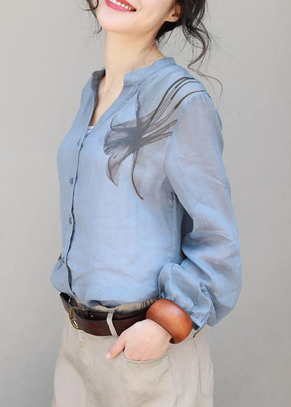 Organic v neck linen tops women blouses Sleeve blue print top