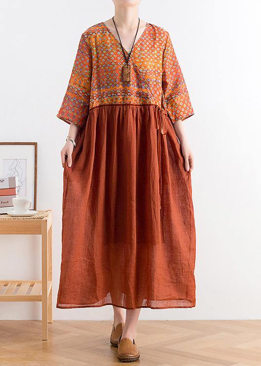 Organic V Neck Tie Waist Linen Outfit Fabrics Chocolate Print Dresses