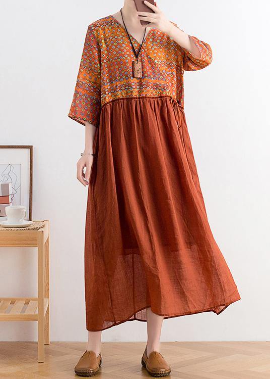 Organic V Neck Tie Waist Linen Outfit Fabrics Chocolate Print Dresses