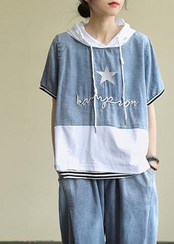 Organic White Cotton Tunic Top Hooded Patchwork Silhouette Blouses