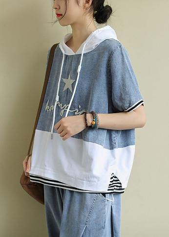 Organic White Cotton Tunic Top Hooded Patchwork Silhouette Blouses