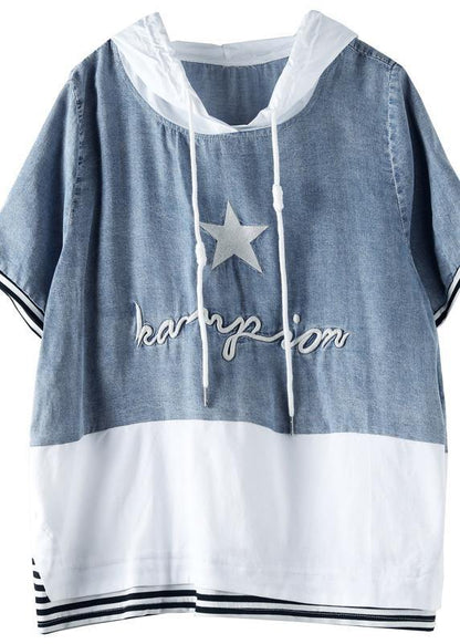 Organic White Cotton Tunic Top Hooded Patchwork Silhouette Blouses