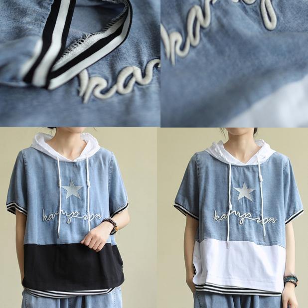 Organic White Cotton Tunic Top Hooded Patchwork Silhouette Blouses