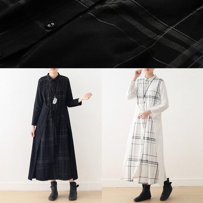 Organic White Plaid Cotton Long Shirts Drawstring Art Summer Dresses
