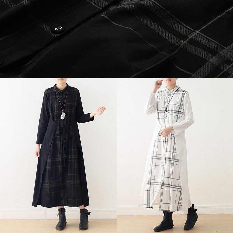 Organic White Plaid Cotton Long Shirts Drawstring Art Summer Dresses