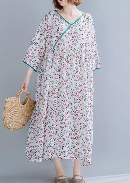 Organic White Print Cotton Dress V Neck Extra Large Hem a Line Summer Dress