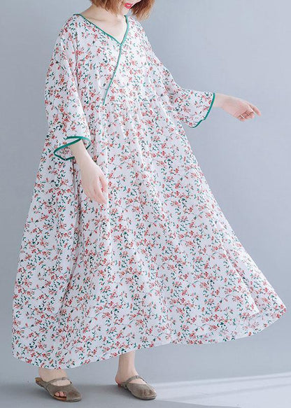 Organic White Print Cotton Dress V Neck Extra Large Hem a Line Summer Dress