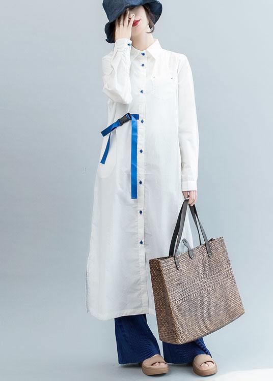 Organic White Tie Waist Cotton Tunics Side Open Dresses Fall Shirt Dress