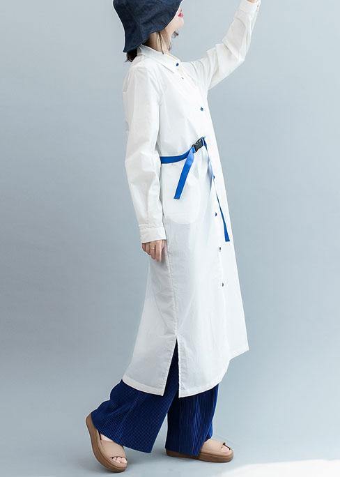 Organic White Tie Waist Cotton Tunics Side Open Dresses Fall Shirt Dress