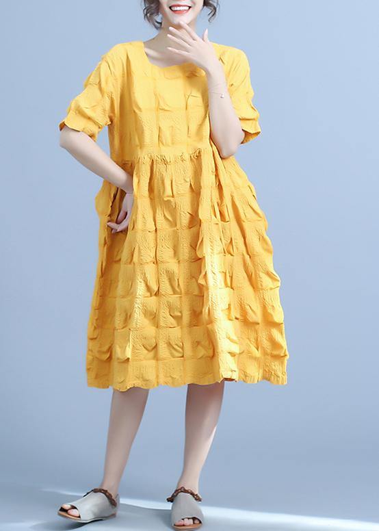 Organic Yellow Pleated Cotton Clothes Loose Short Sleeve Summer Dress