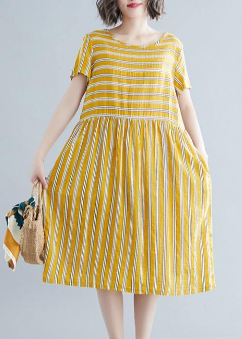 Organic Yellow Striped Cotton Clothes O Neck Pockets Tunic Dress