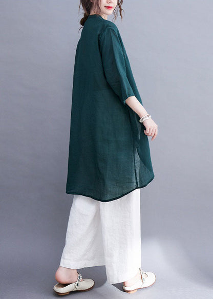 Organic Army Green Embroidery Cotton Blouse Design O Neck Low High Design Shirt
