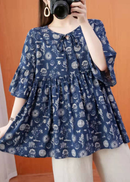 Organic Dark Blue Prints Cotton Linen Long Shirts Pattern V Neck Summer Shirt