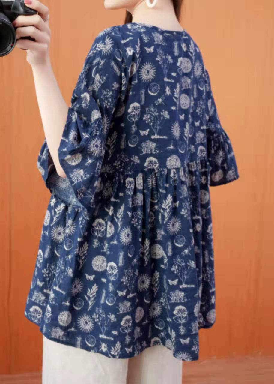 Organic Dark Blue Prints Cotton Linen Long Shirts Pattern V Neck Summer Shirt