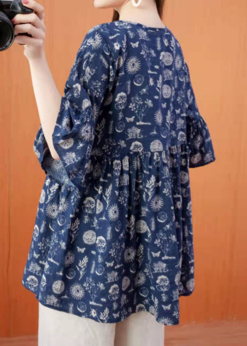 Organic Dark Blue Prints Cotton Linen Long Shirts Pattern V Neck Summer Shirt