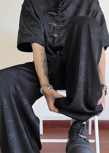 Oriental Black Bamboo Print Pockets Ice Silk Pants Long Summer