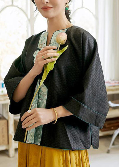 Oriental Black O-neck Embroideried Patchwork Silk Coats Spring