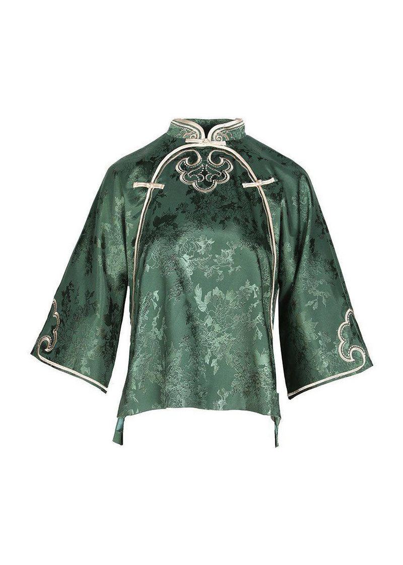 Oriental Green Stand Collar Button Silk Tops Three Quarter Sleeve