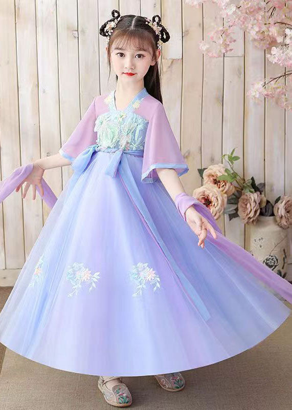 Oriental Purple Embroideried Tie Waist Patchwork Chiffon Kids Dresses Summer