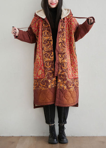 Oriental Red Hooded Embroideried Warm Fleece Fine Cotton Filled Coats Winter
