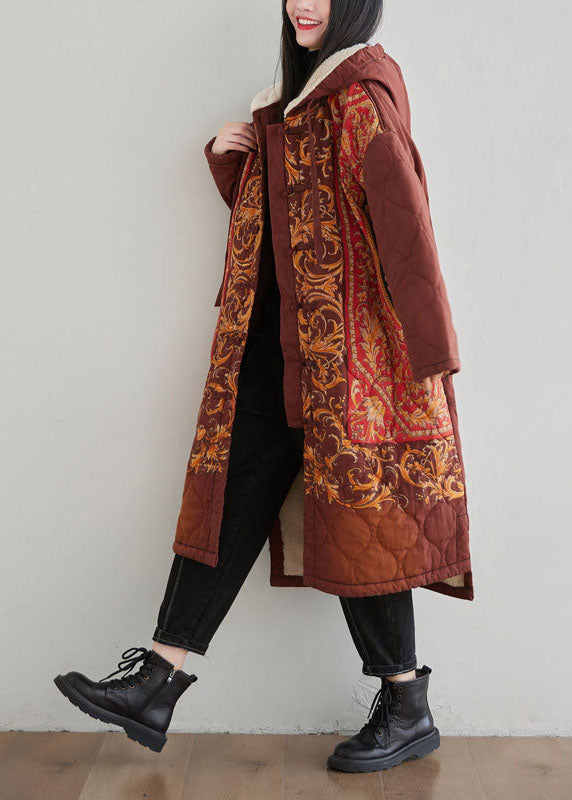 Oriental Red Hooded Embroideried Warm Fleece Fine Cotton Filled Coats Winter