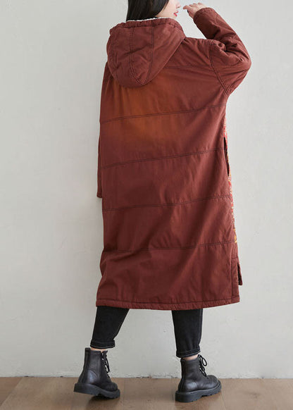 Oriental Red Hooded Embroideried Warm Fleece Fine Cotton Filled Coats Winter