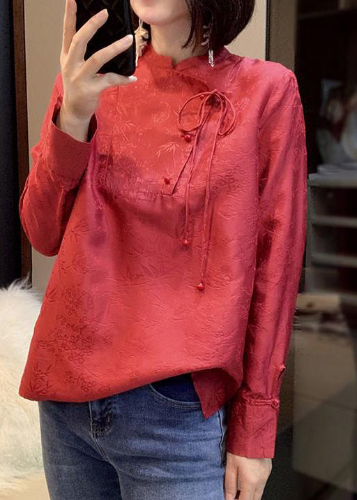 Oriental Red Stand Collar Lace Up Jacquard Silk Shirts Long Sleeve