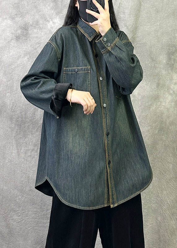 Original 2025 New Grey Blue Denim Shirt Top Spring