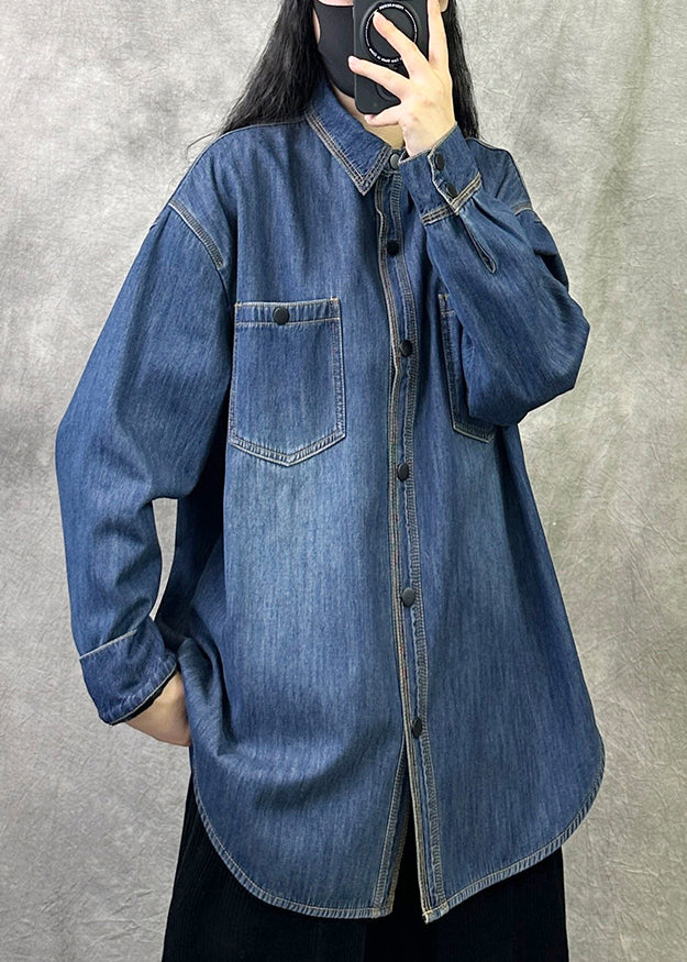 Original 2025 New Grey Blue Denim Shirt Top Spring