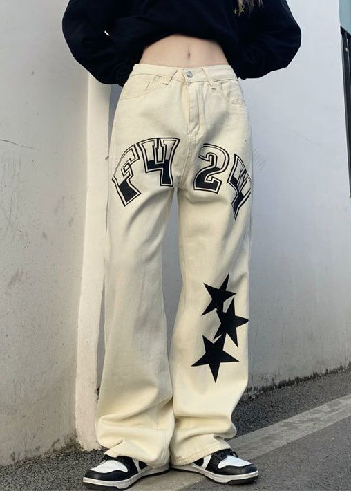 Original Beige Letter Five Pointed Star Print High Waist Denim Pants Spring