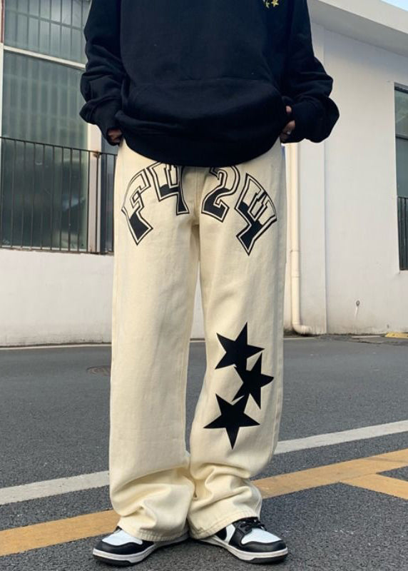 Original Beige Letter Five Pointed Star Print High Waist Denim Pants Spring