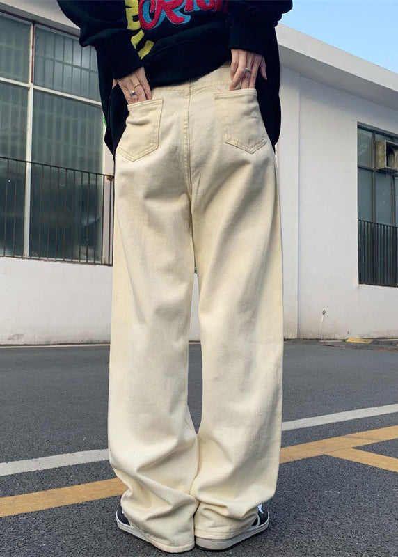 Original Beige Letter Five Pointed Star Print High Waist Denim Pants Spring