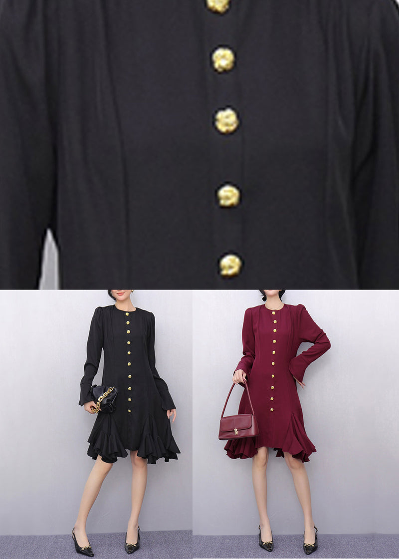Original Black O-neck Button Long Dresses Flare Sleeve