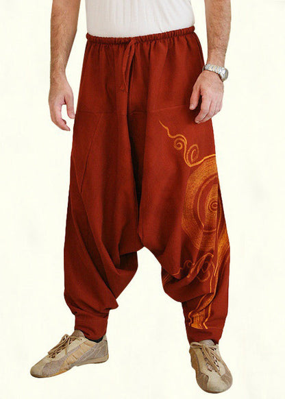 Original Brown Print Elastic Waist Cotton Harem Pants Summer