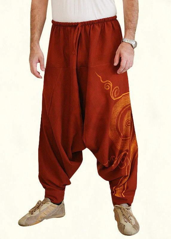 Original Brown Print Elastic Waist Cotton Harem Pants Summer