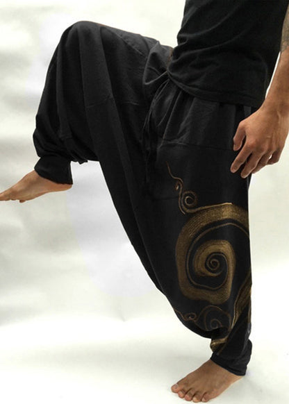 Original Brown Print Elastic Waist Cotton Harem Pants Summer