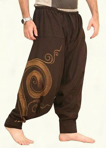 Original Brown Print Elastic Waist Cotton Harem Pants Summer