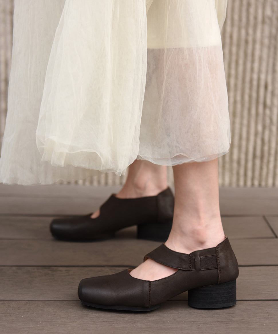 Original Coffee Chunky Heel Shoes New Cowhide Leather