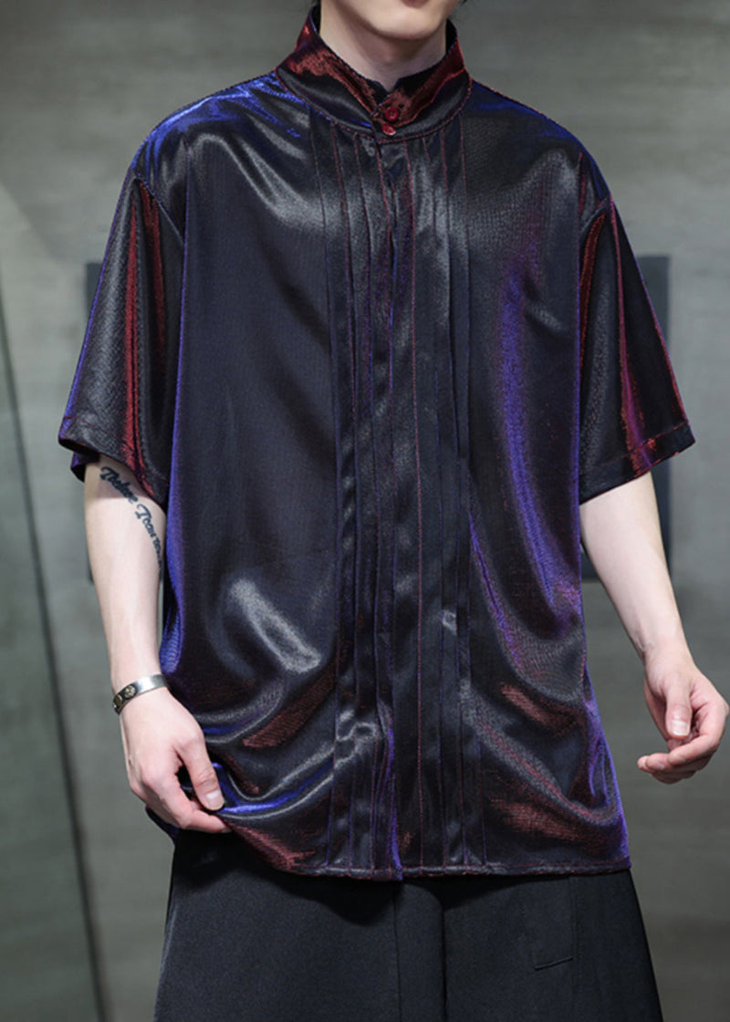 Original Color Change Blue Purple Stand Collar Wrinkled Ice Silk Shirts