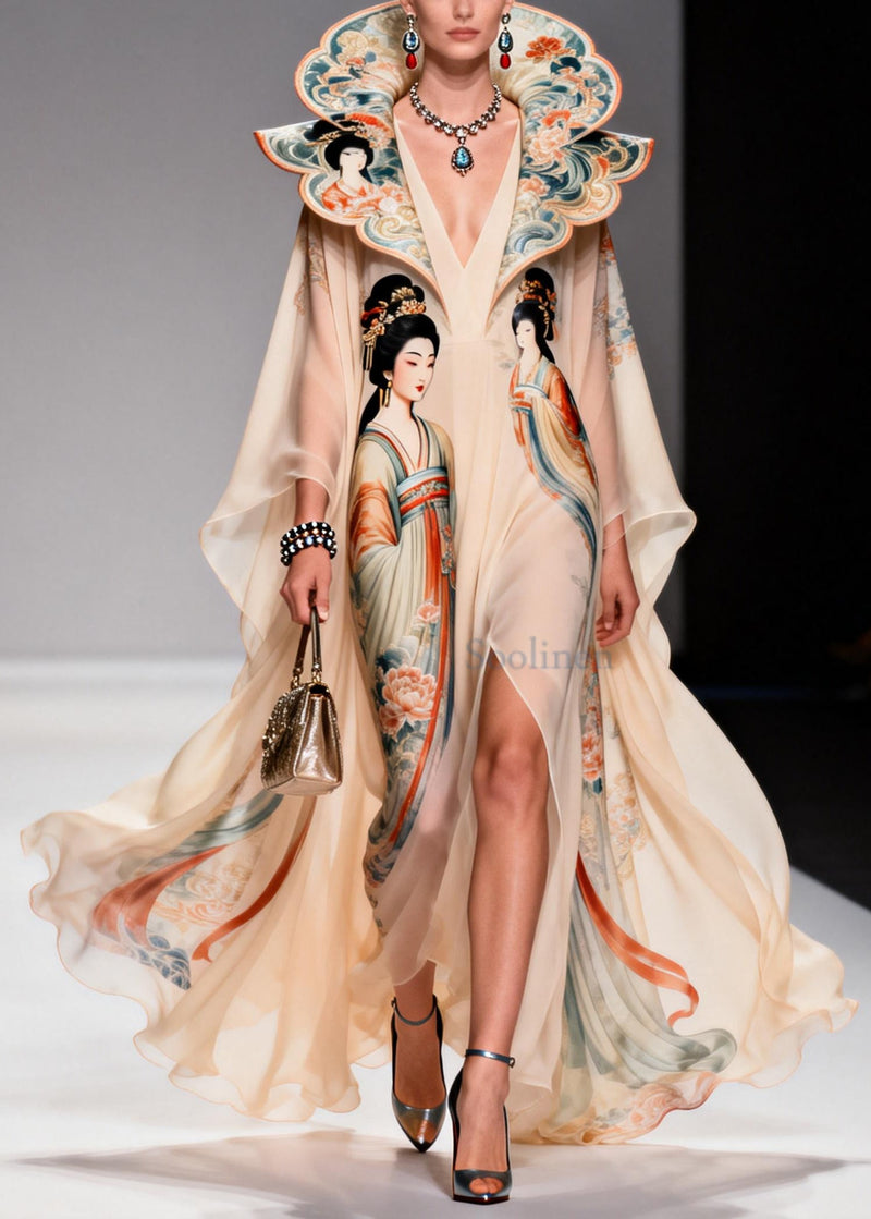 Original Design Apricot Peter Pan Collar Print Chiffon Maxi Dresses Summer