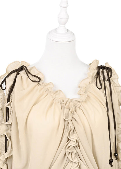 Original Design Apricot V Neck Ruffled Chiffon Top Summer