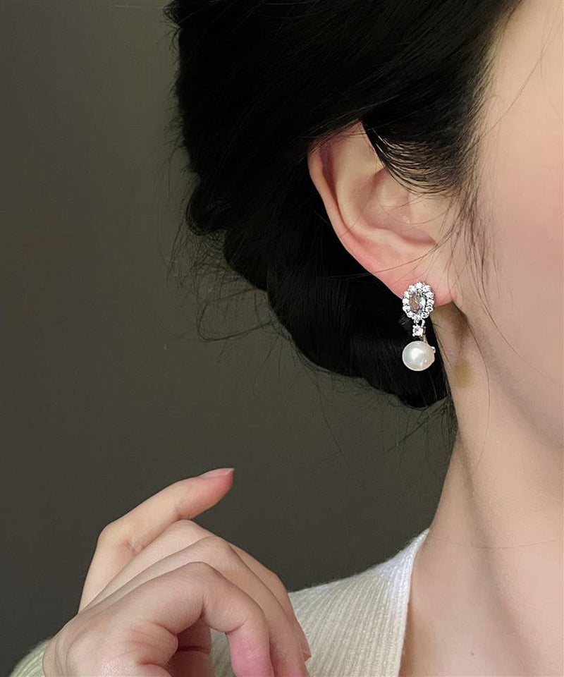 Original Design Baby Blue Copper Overgild Zircon Pearl Drop Earrings