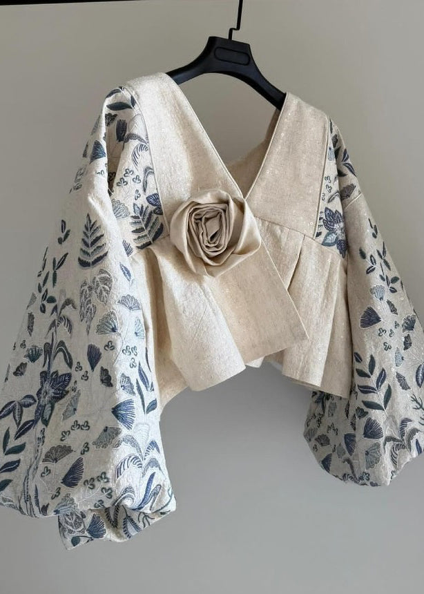 Original Design Beige V Neck Patchwork Cotton Coats Lantern Sleeve