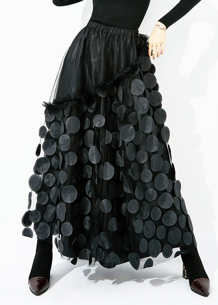 Original Design Black-blue Dot Elastic Waist Patchwork Wrinkled Tulle Skirt Summer